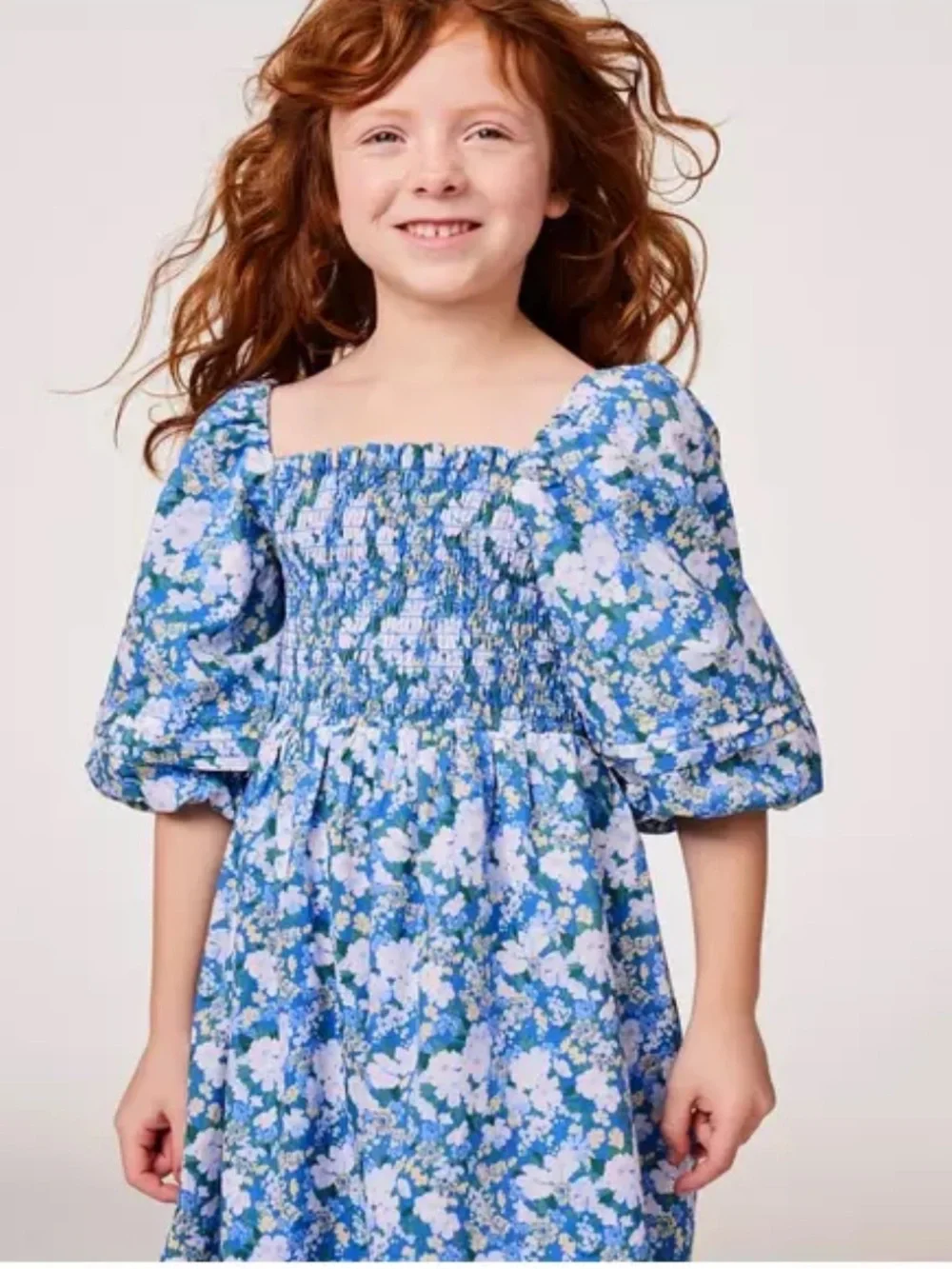 Janie and Jack Natalie Floral Smocked Bubble Sleeve Dress Lapis Floral Size 10